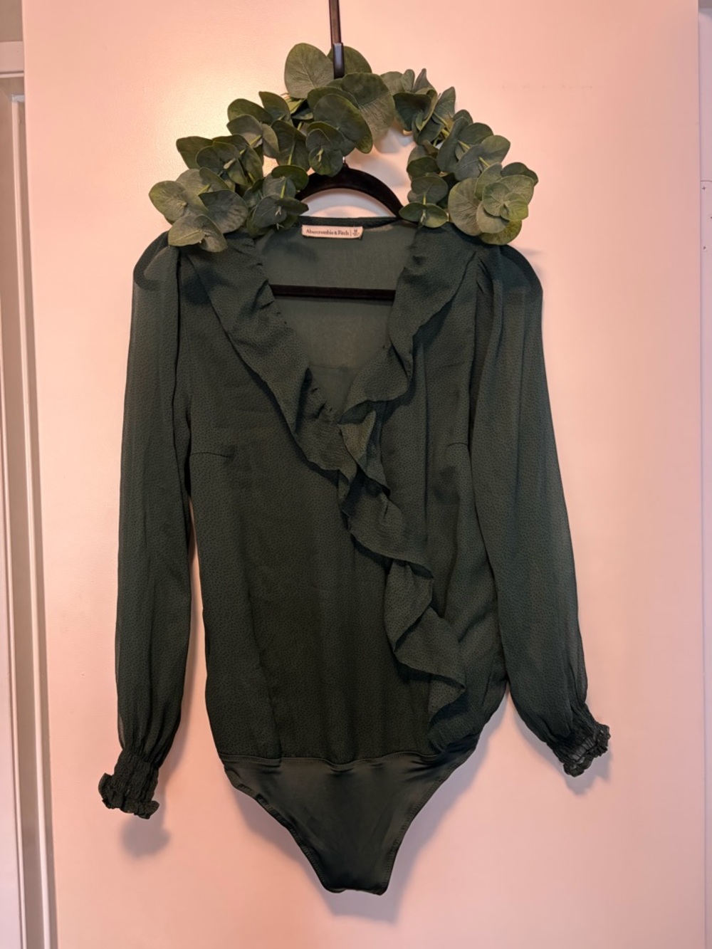 Abercrombie & Fitch Dark Green Ruffled V-Neck Long Sleeve Bodysuit